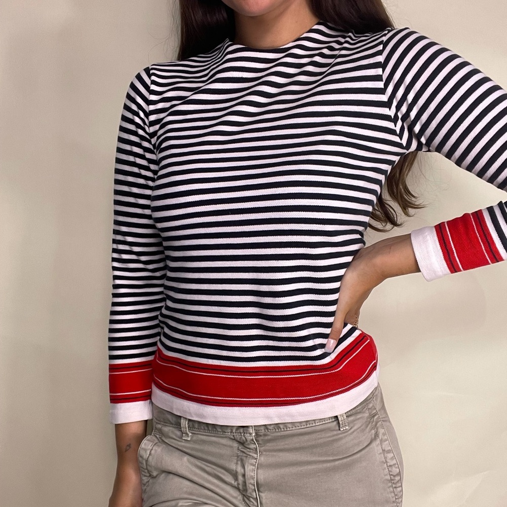 Vintage 70s black white and red thick long sleeve high neck blouse Size Small